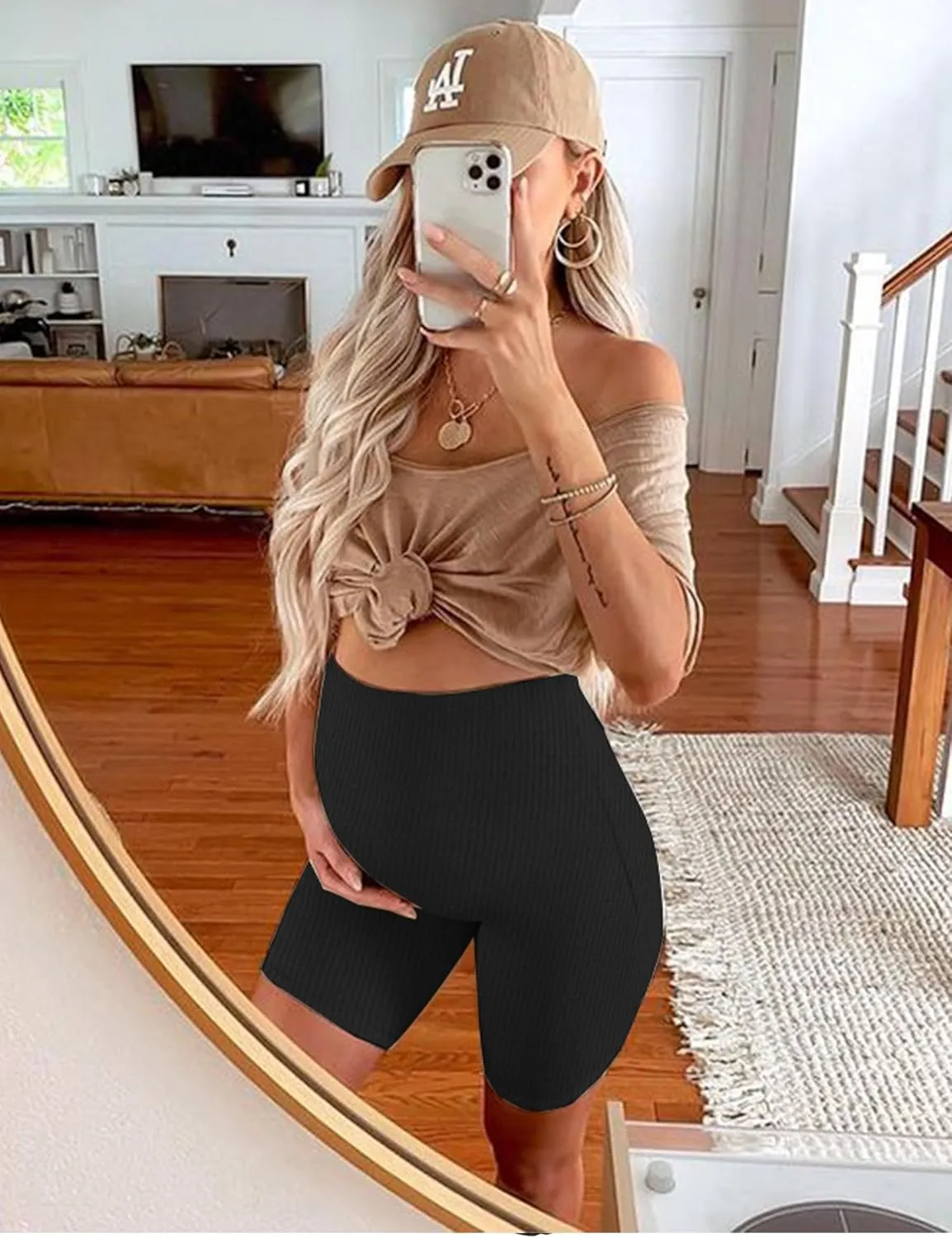 High Waisted 7" Ribbed Maternity Biker Shorts Active Wear Lounge Workout Pregnancy Shorts