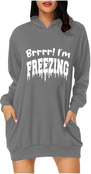 Hoodies Dress for Women Oversized Long Sleeve Dress Fashion Leisure Printing Sweatshirt Dress with Kangaroo Pocket