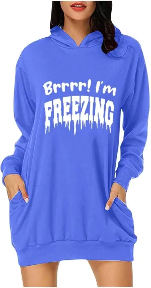 Hoodies Dress for Women Oversized Long Sleeve Dress Fashion Leisure Printing Sweatshirt Dress with Kangaroo Pocket