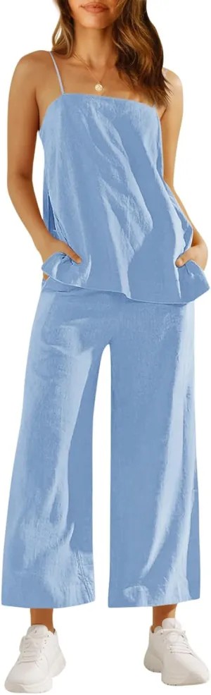Imily Bela Womens 2 Piece Outfits Linen Set Camisole Tops and Wide Leg Pants Vacation Matching Loungewear