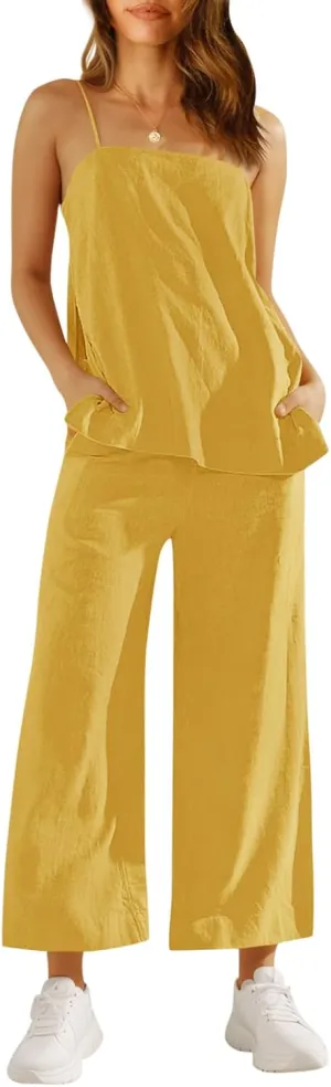 Imily Bela Womens 2 Piece Outfits Linen Set Camisole Tops and Wide Leg Pants Vacation Matching Loungewear