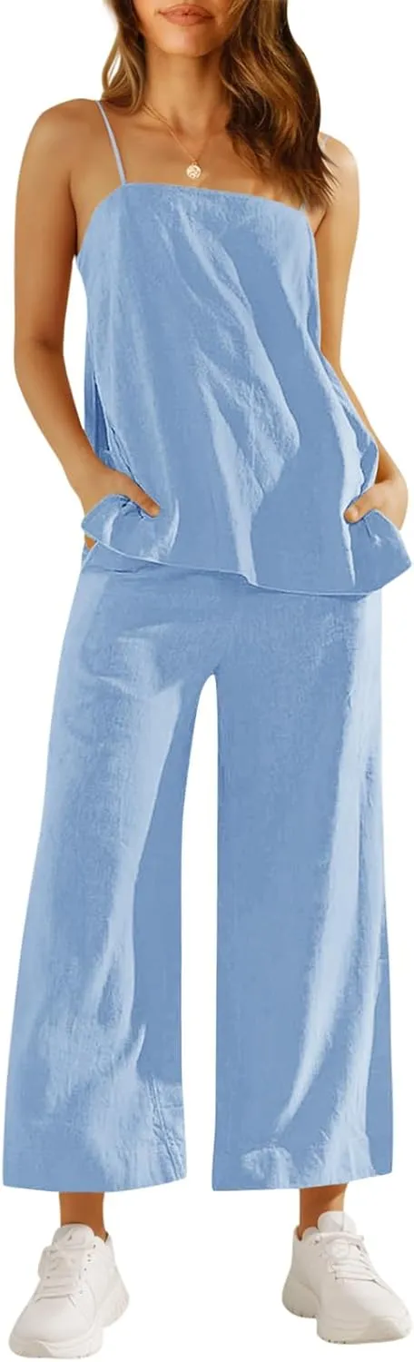 Imily Bela Womens 2 Piece Outfits Linen Set Camisole Tops and Wide Leg Pants Vacation Matching Loungewear