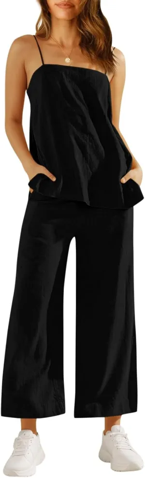Imily Bela Womens 2 Piece Outfits Linen Set Camisole Tops and Wide Leg Pants Vacation Matching Loungewear