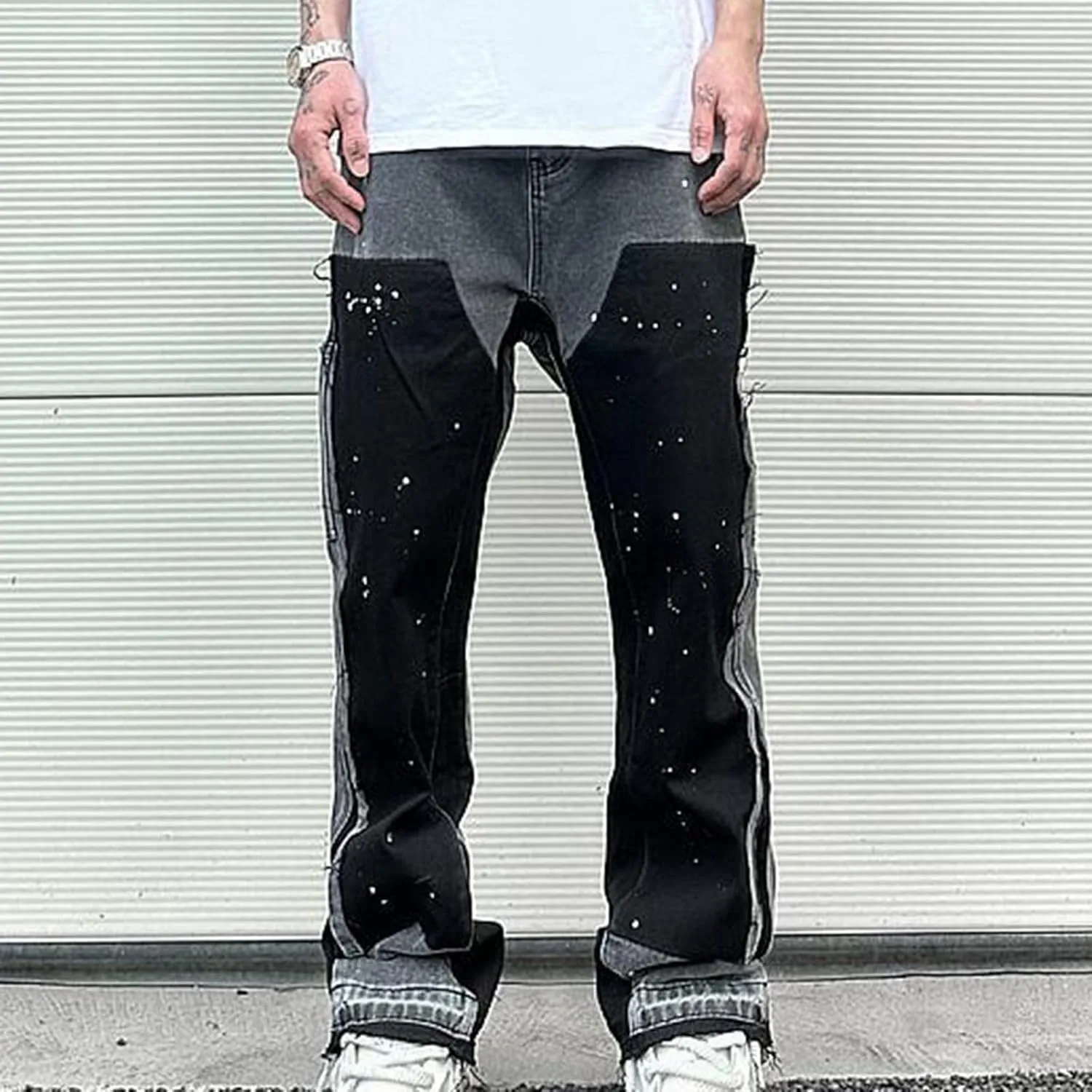 Jeans for Men Patchwork Fashion Relaxed Fit Straight Leg Streetwear Vintage Casual Denim Pants