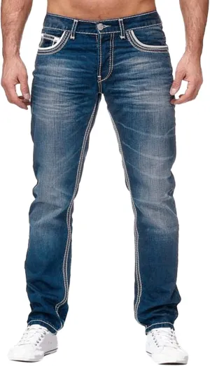 Jeans for Men Relaxed Fit Mid-Rise Straight-Leg Jean Stretch Casual Flat Front Classic Tapered Leg Moto Biker Jeans