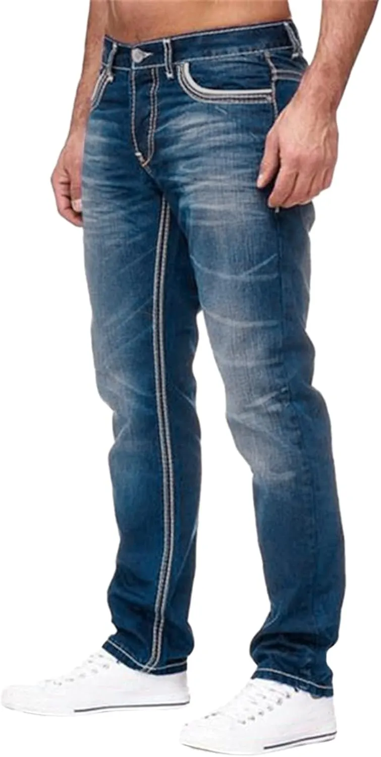 Jeans for Men Relaxed Fit Mid-Rise Straight-Leg Jean Stretch Casual Flat Front Classic Tapered Leg Moto Biker Jeans