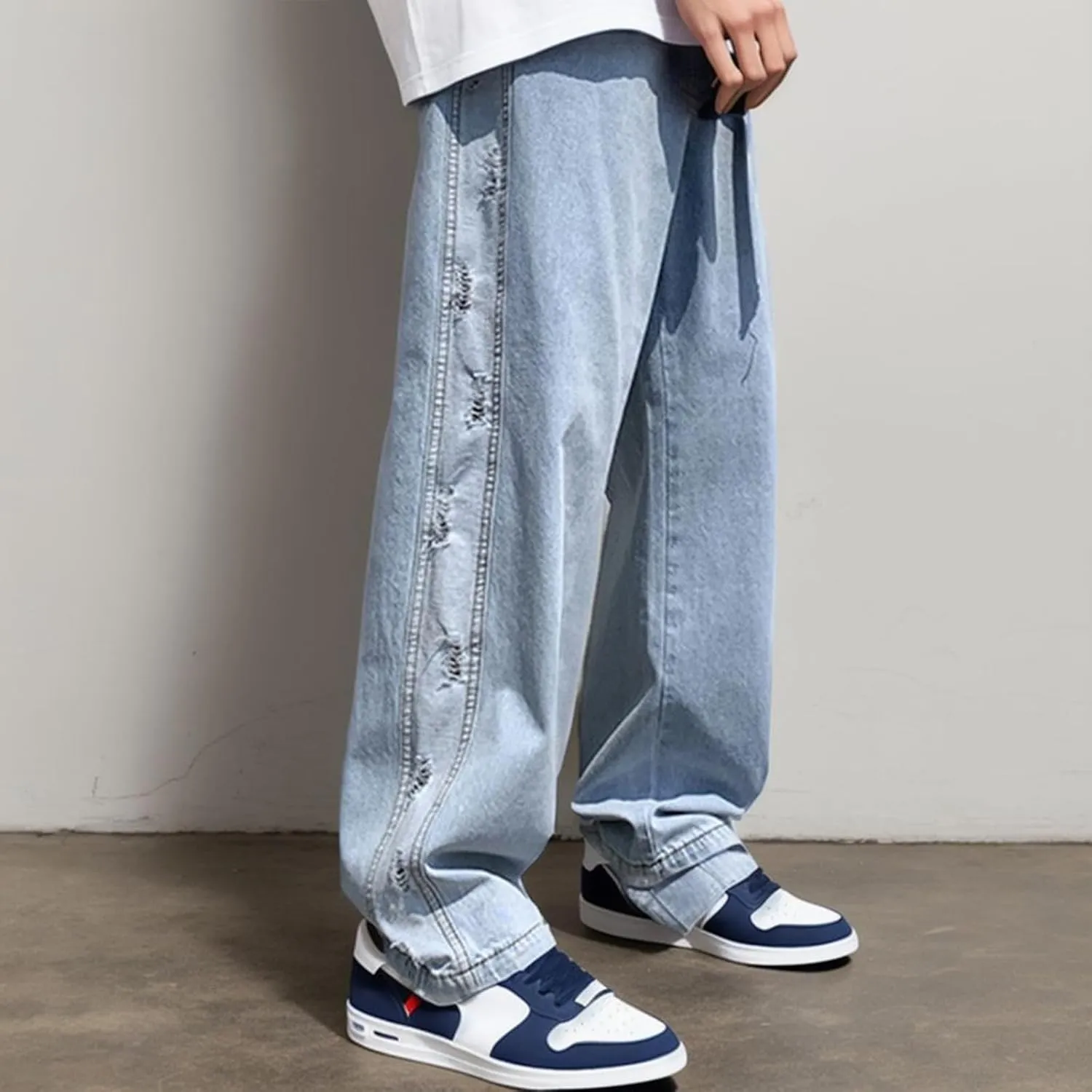Jeans for Men Stretch Patchwork Relaxed Fit Vintage Straight Leg Casual Trousers Fashion Denim Pants