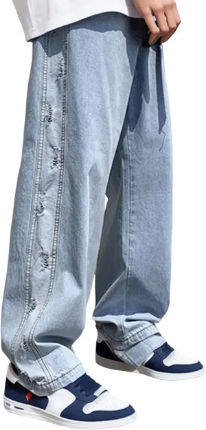 Jeans for Men Stretch Patchwork Relaxed Fit Vintage Straight Leg Casual Trousers Fashion Denim Pants