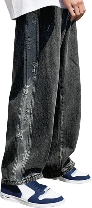 Jeans for Men Stretch Patchwork Relaxed Fit Vintage Straight Leg Casual Trousers Fashion Denim Pants