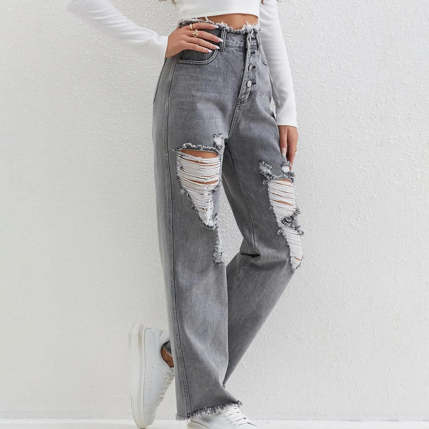 Jeans for Women Trendy Bell Bottom Slit Hem Ankle Denim Pants Casual High Waisted Skinny Stretch Jeans