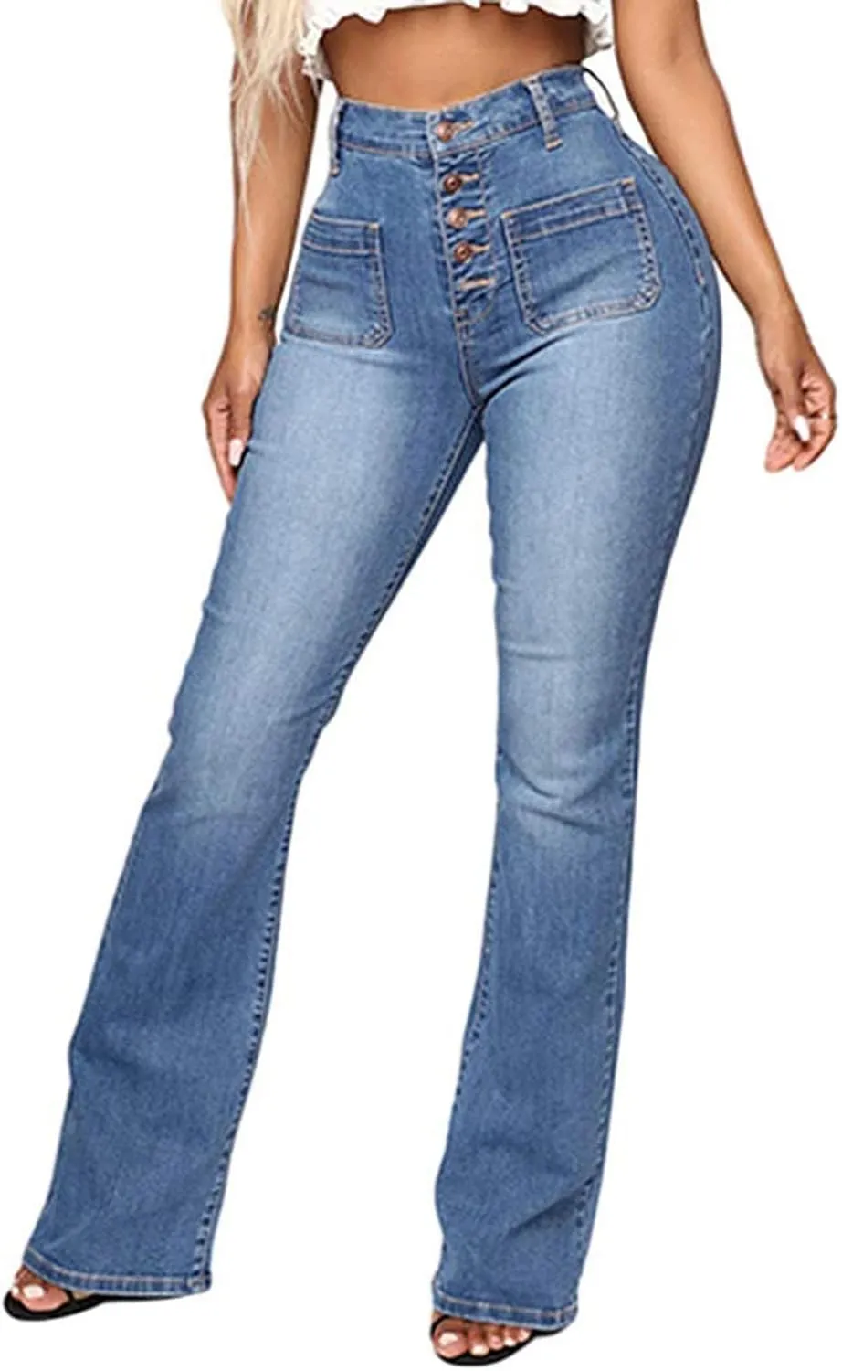 Jeans for Women Trendy Sexy Skinny Jeans High-Rise Stretch Button Comfy Lightweight Flare Denim Pants with Pocket