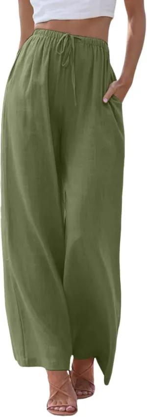 JiXiang Women High Waisted Wide Leg Pants Fashion Drawstring Elastic Trousers Comfy Straight Leg Long Pants with Pockets