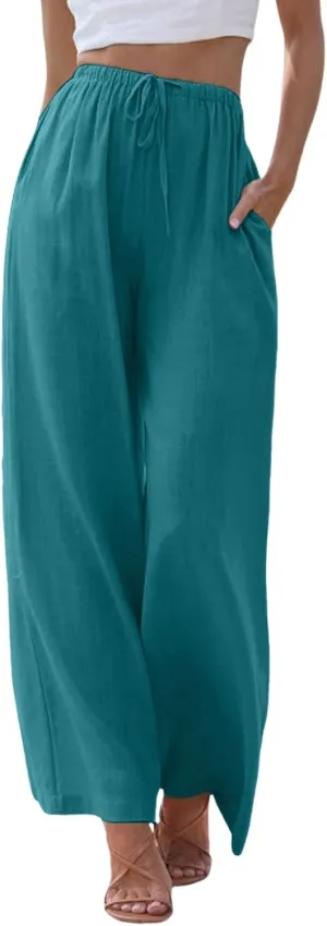 JiXiang Women High Waisted Wide Leg Pants Fashion Drawstring Elastic Trousers Comfy Straight Leg Long Pants with Pockets