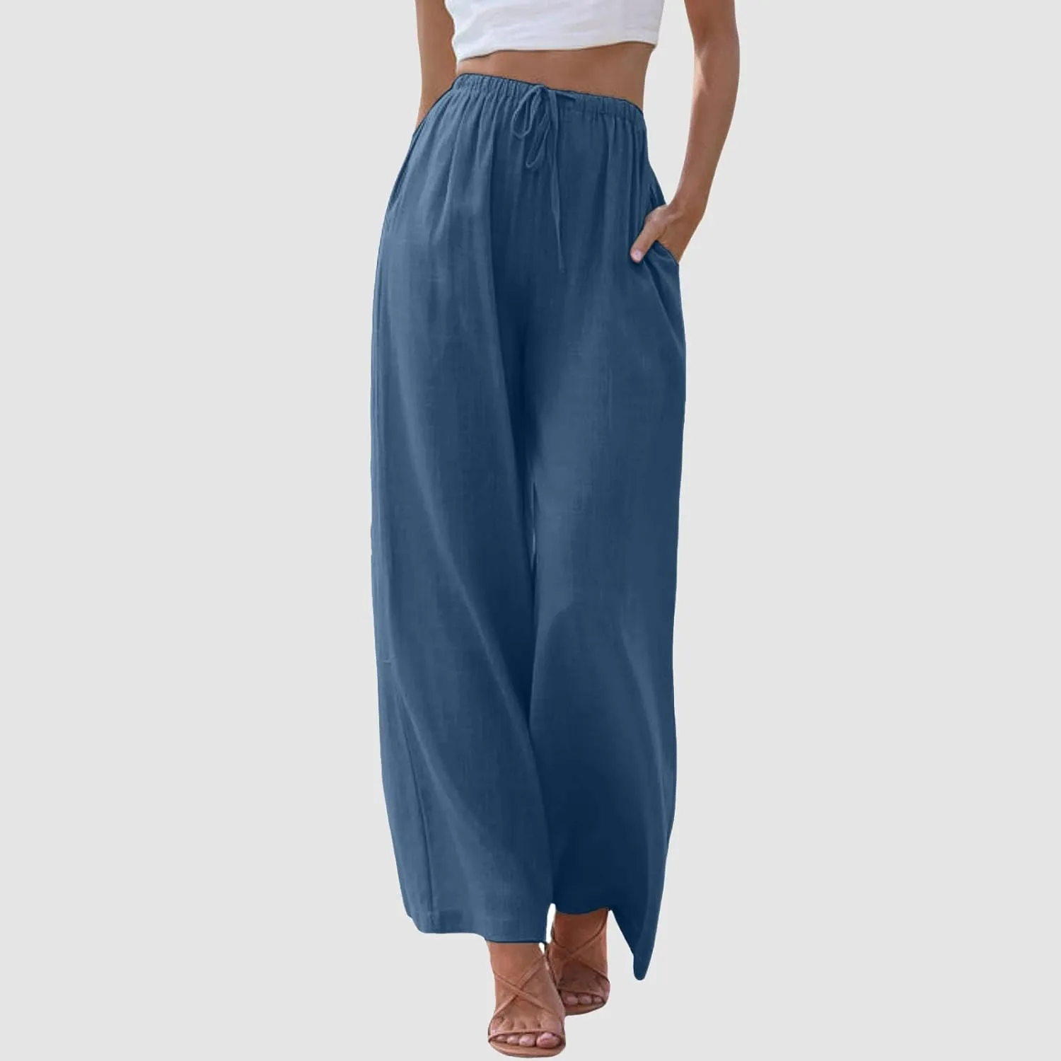 JiXiang Women High Waisted Wide Leg Pants Fashion Drawstring Elastic Trousers Comfy Straight Leg Long Pants with Pockets
