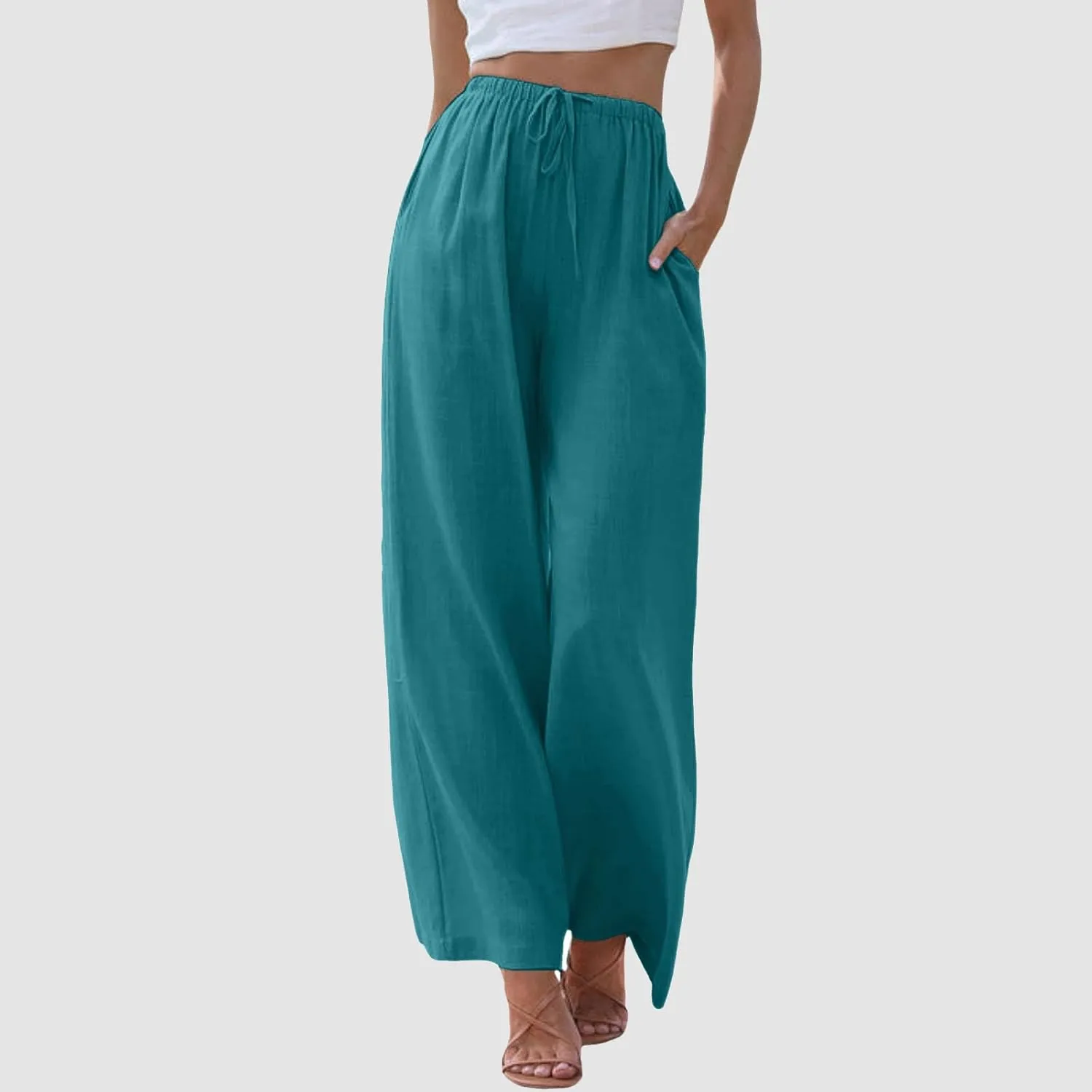 JiXiang Women High Waisted Wide Leg Pants Fashion Drawstring Elastic Trousers Comfy Straight Leg Long Pants with Pockets