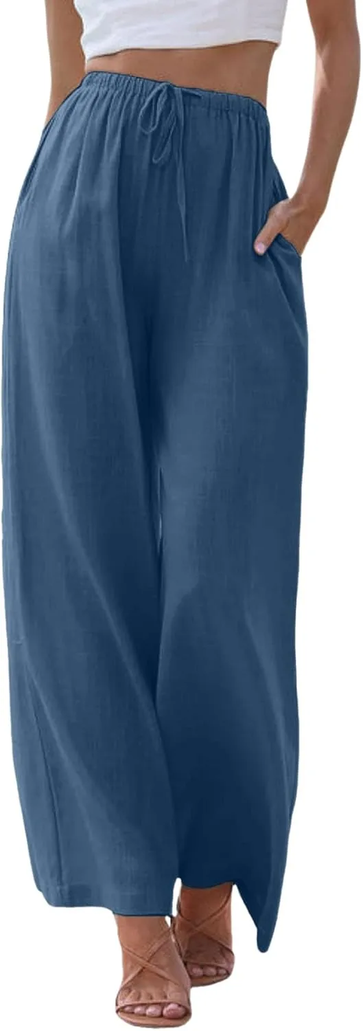 JiXiang Women High Waisted Wide Leg Pants Fashion Drawstring Elastic Trousers Comfy Straight Leg Long Pants with Pockets