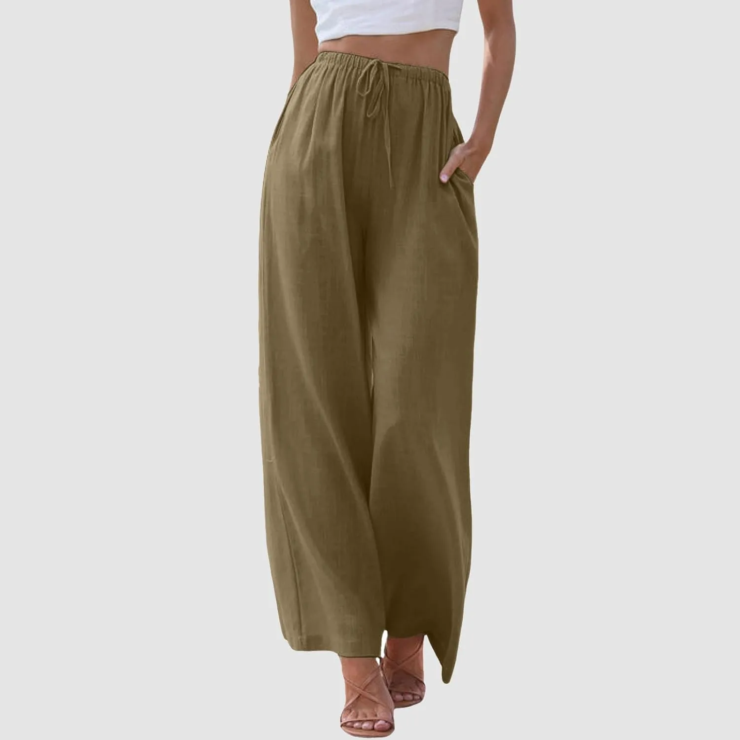 JiXiang Women High Waisted Wide Leg Pants Fashion Drawstring Elastic Trousers Comfy Straight Leg Long Pants with Pockets