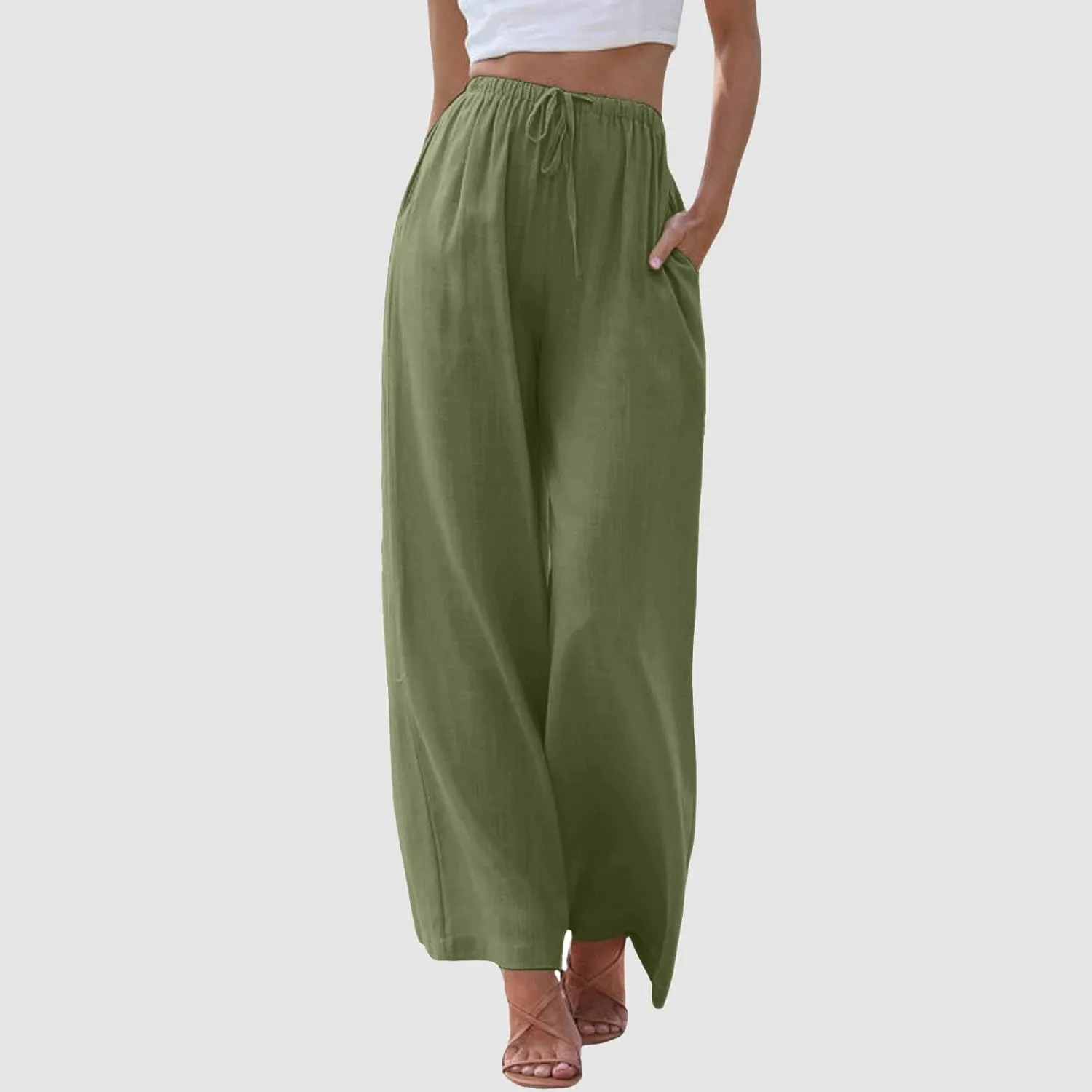 JiXiang Women High Waisted Wide Leg Pants Fashion Drawstring Elastic Trousers Comfy Straight Leg Long Pants with Pockets