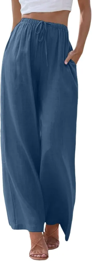 JiXiang Women High Waisted Wide Leg Pants Fashion Drawstring Elastic Trousers Comfy Straight Leg Long Pants with Pockets