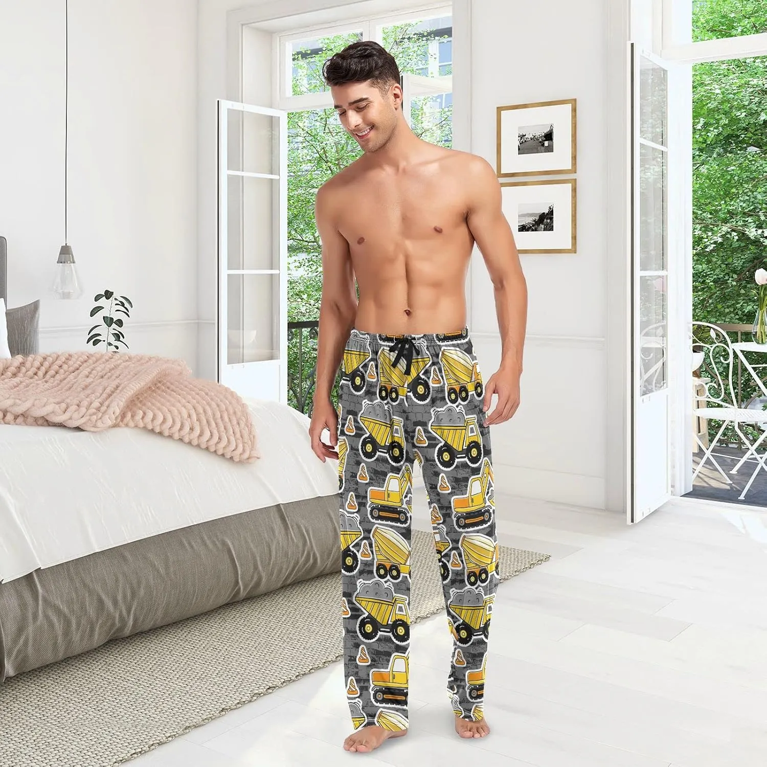 JUNZAN Construction Machines Mens Pajama Pants Funny Pajama Bottoms for Men Lounge Pants S
