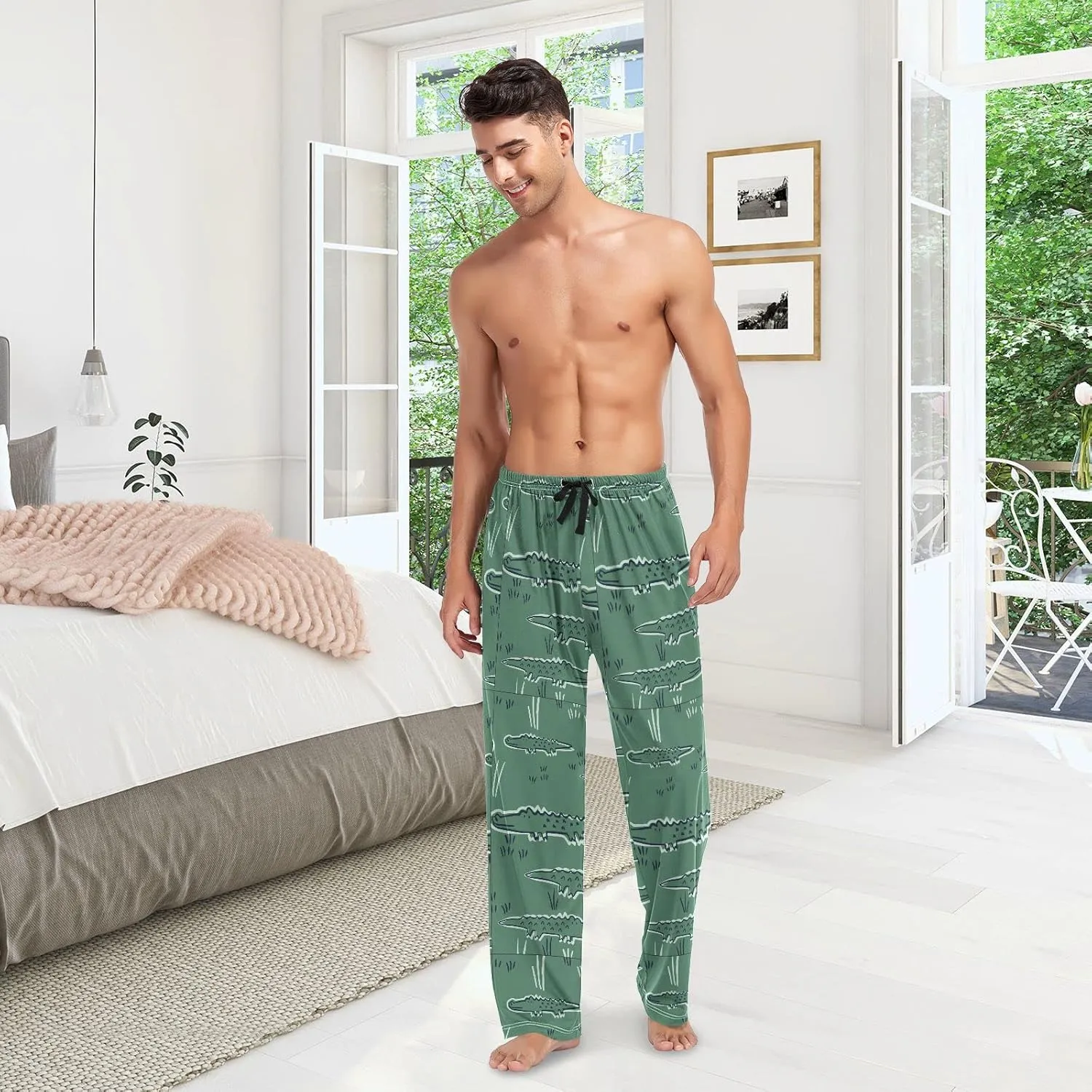 JUNZAN Mens Green Crocodiles Pajama Bottoms Pajama Pants for Men Pj Pants S