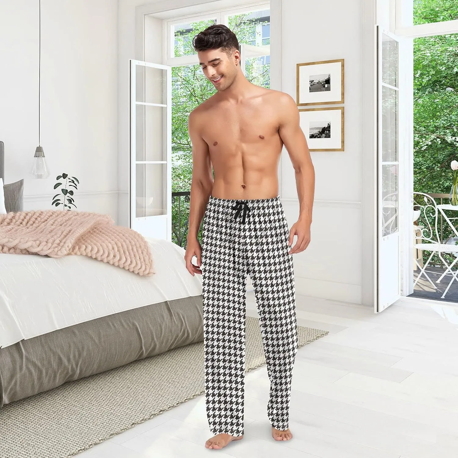 JUNZAN Mens Pajama Pants Houndstooth Black Pajama Bottoms for Men Lounge Pants S