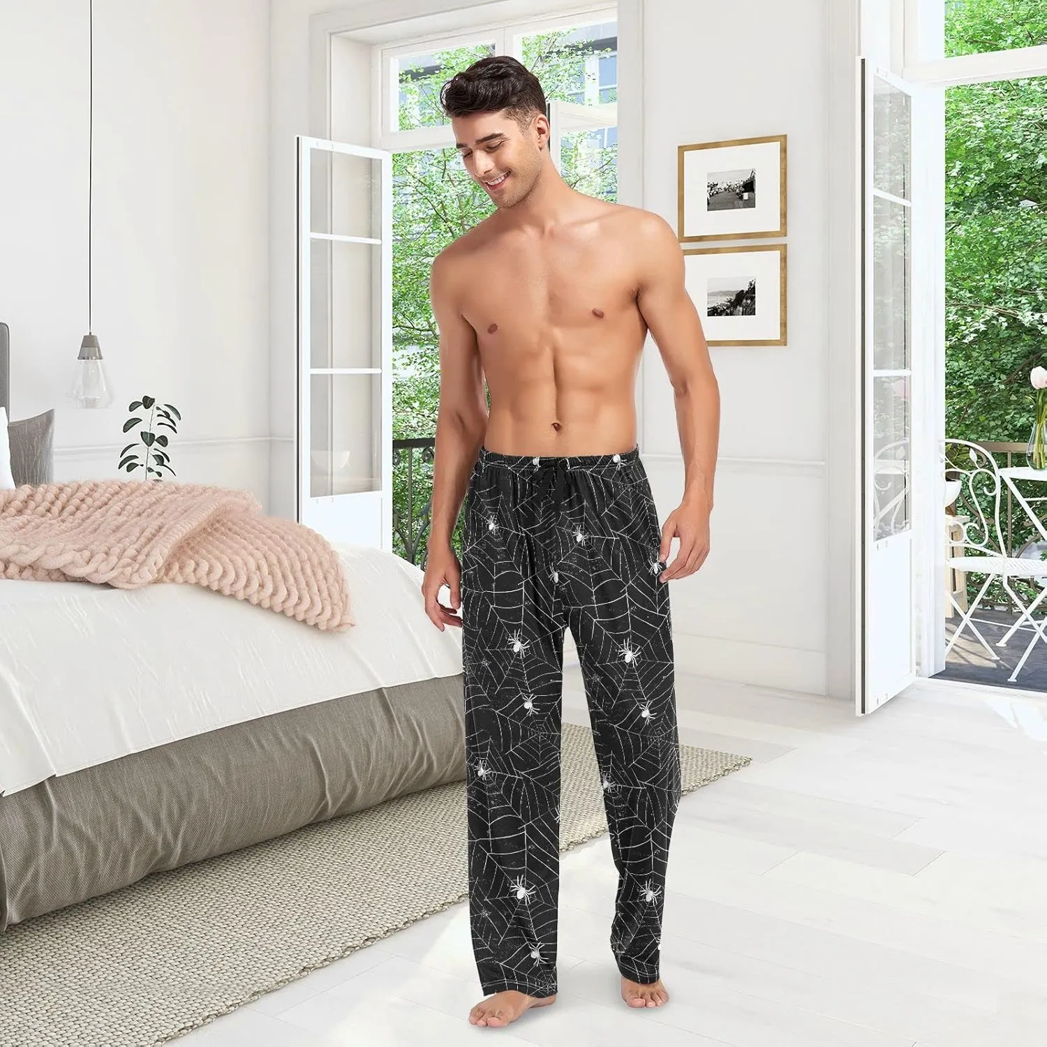 JUNZAN Spider Pattern Mens Pajama Pants Black Funny Pajama Bottoms for Men Lounge Pants S