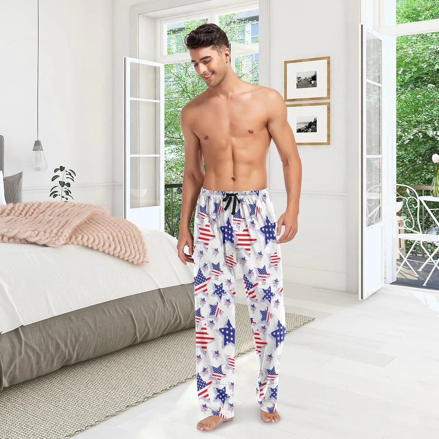 JUNZAN Usa Flag Star Mens Pajama Pants Patriotic Funny Pajama Bottoms for Men Lounge Pants S