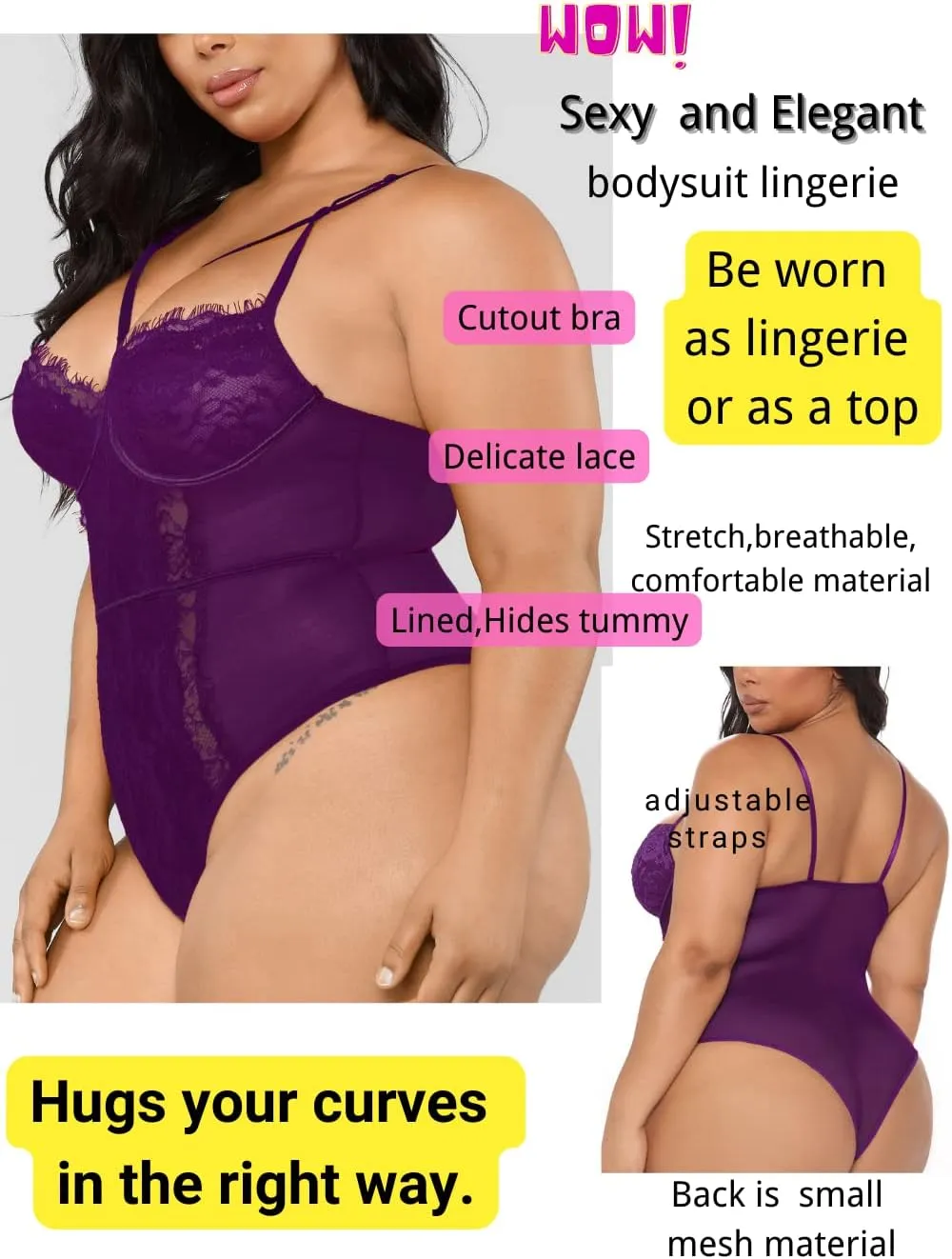 Kaei&Shi Plus Size Eyelash Lace Bodysuit, Snap Crotch Sexy Top Lingerie, Club Outfit