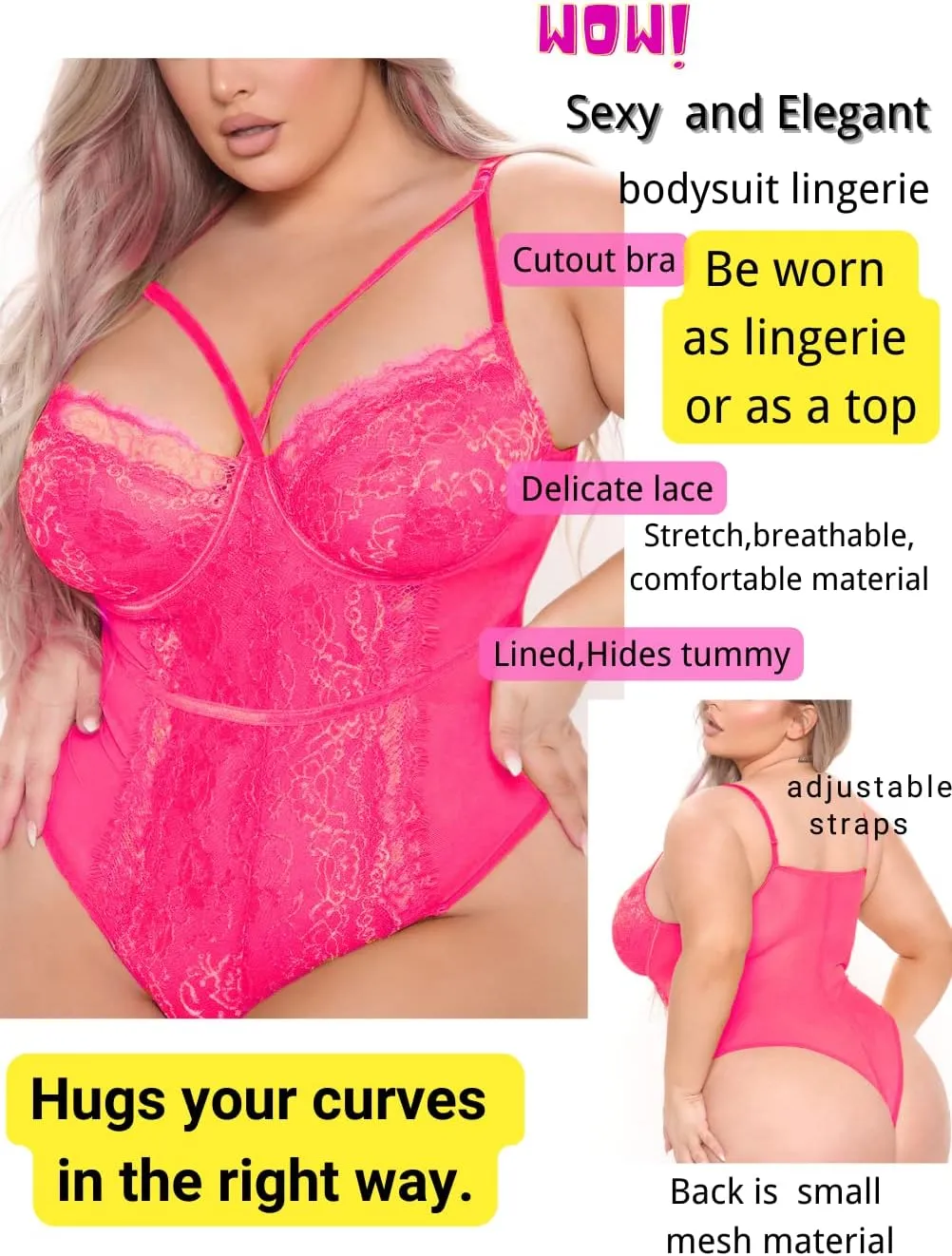 Kaei&Shi Plus Size Eyelash Lace Bodysuit, Snap Crotch Sexy Top Lingerie, Club Outfit