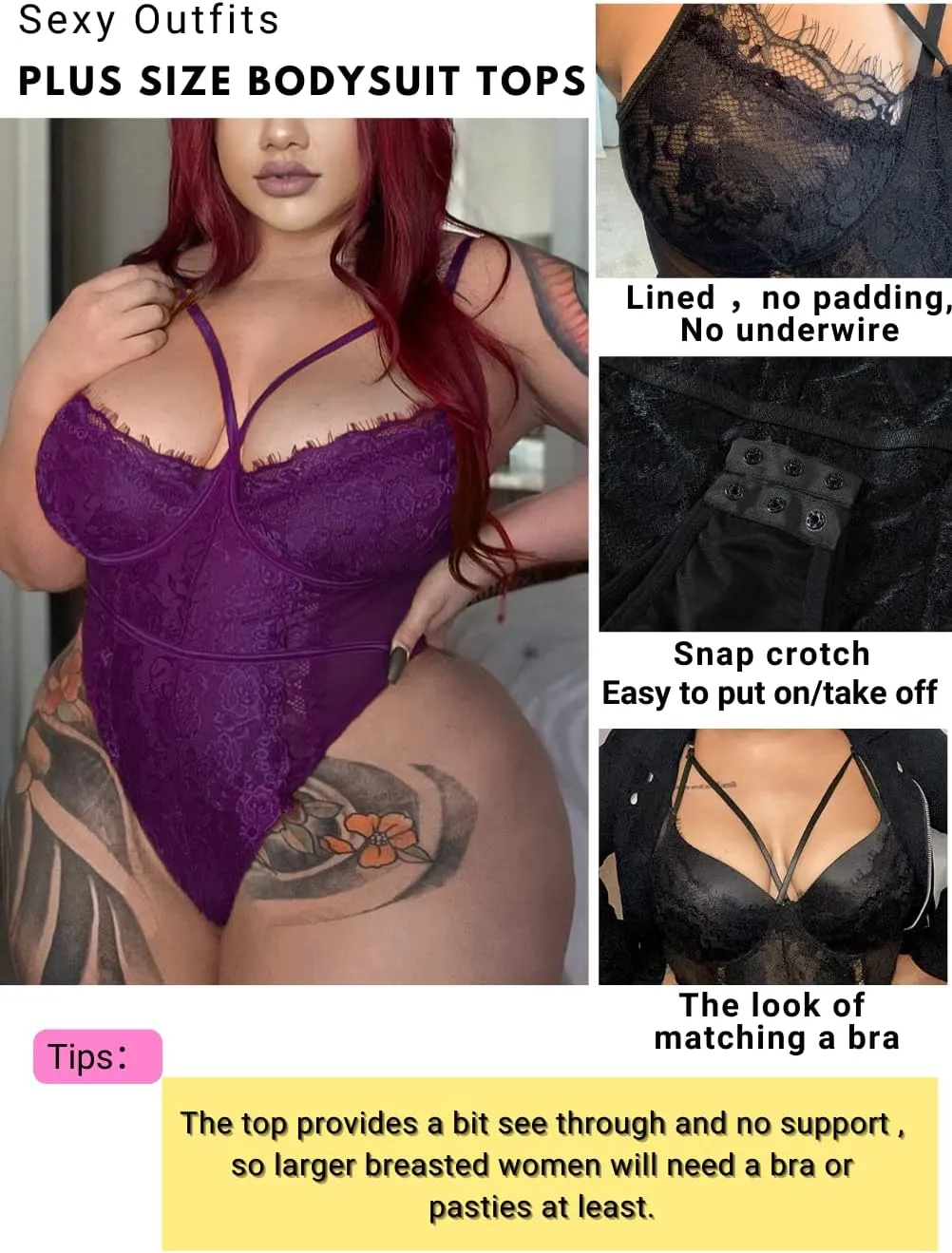 Kaei&Shi Plus Size Eyelash Lace Bodysuit, Snap Crotch Sexy Top Lingerie, Club Outfit