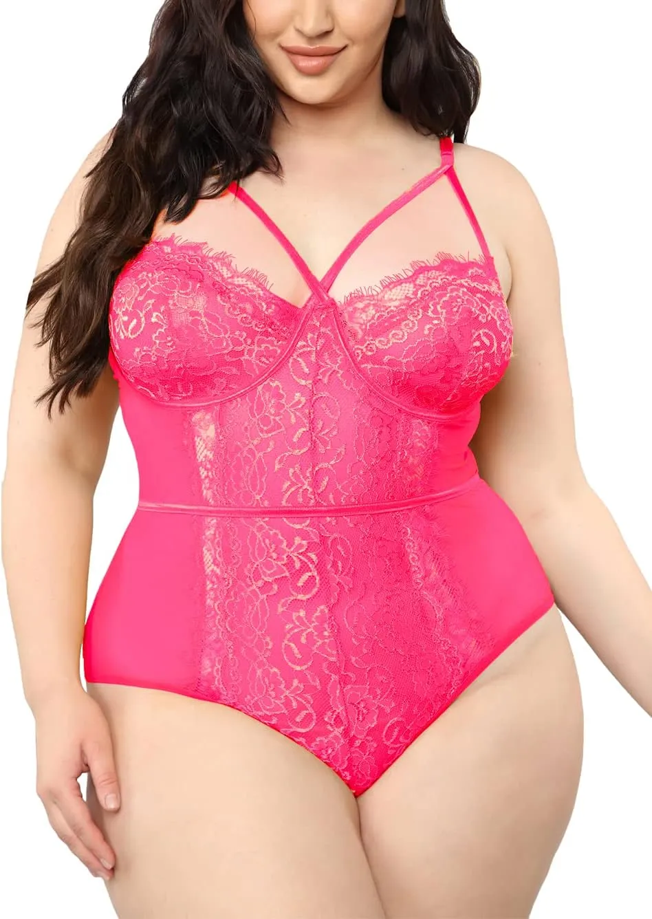 Kaei&Shi Plus Size Eyelash Lace Bodysuit, Snap Crotch Sexy Top Lingerie, Club Outfit