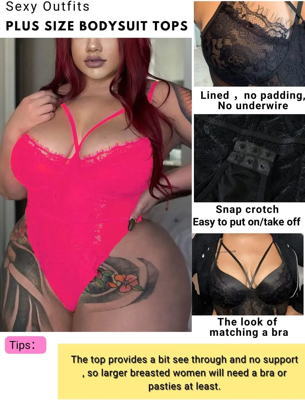 Kaei&Shi Plus Size Eyelash Lace Bodysuit, Snap Crotch Sexy Top Lingerie, Club Outfit
