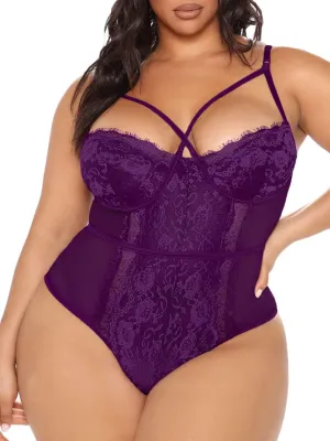 Kaei&Shi Plus Size Eyelash Lace Bodysuit, Snap Crotch Sexy Top Lingerie, Club Outfit