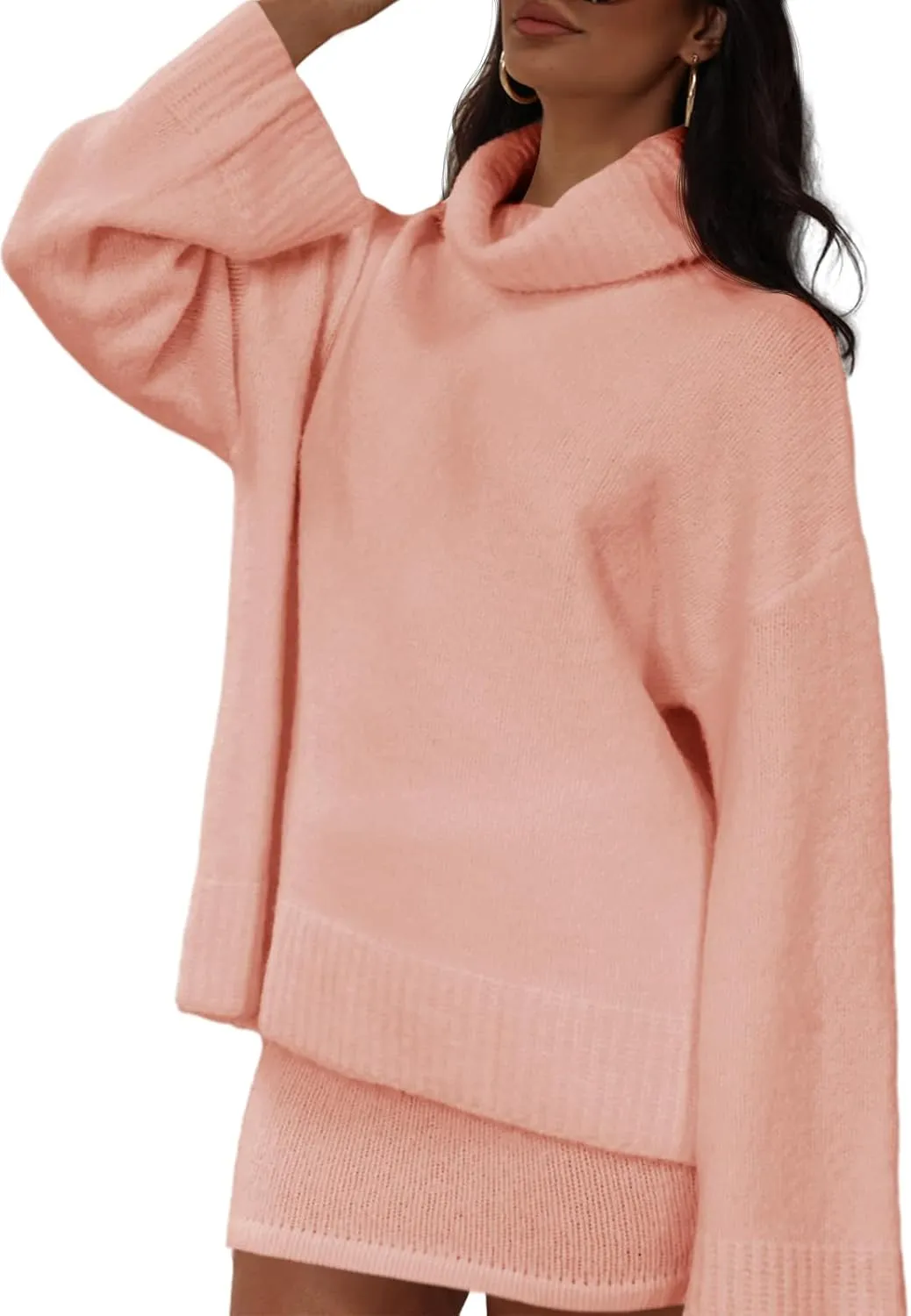 Langwyqu Womens 2 Piece Outfits Sweater Sets Turtleneck Oversized Sweaters and Mini Skirts Fall Trendy Loungewear