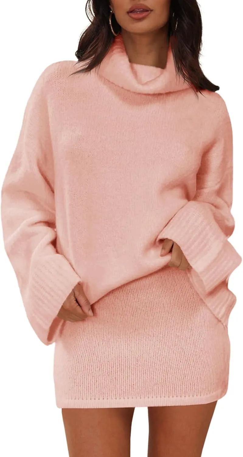 Langwyqu Womens 2 Piece Outfits Sweater Sets Turtleneck Oversized Sweaters and Mini Skirts Fall Trendy Loungewear