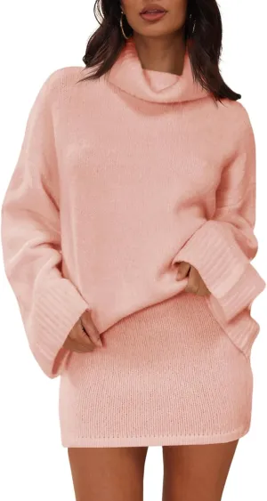 Langwyqu Womens 2 Piece Outfits Sweater Sets Turtleneck Oversized Sweaters and Mini Skirts Fall Trendy Loungewear