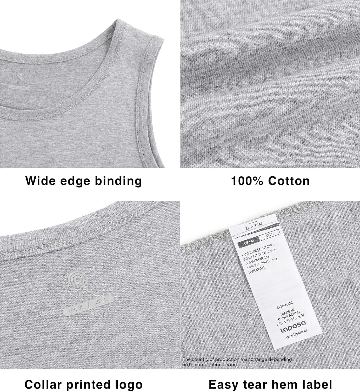 LAPASA Men's 100% Cotton Tank Top Ultra Soft Sleeveless Crewneck Breathable A-Shirts Basic Solid Undershirts Vest 4 Pack M36