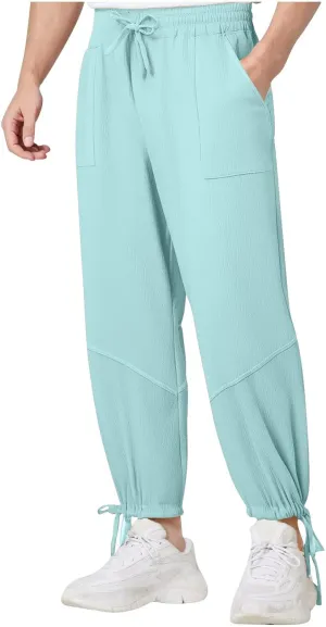 Linen Baggy Harem Pants Men Lightweight Casual Drawstring Elastic Waisted Solid Palazzo Trousers with Pockets
