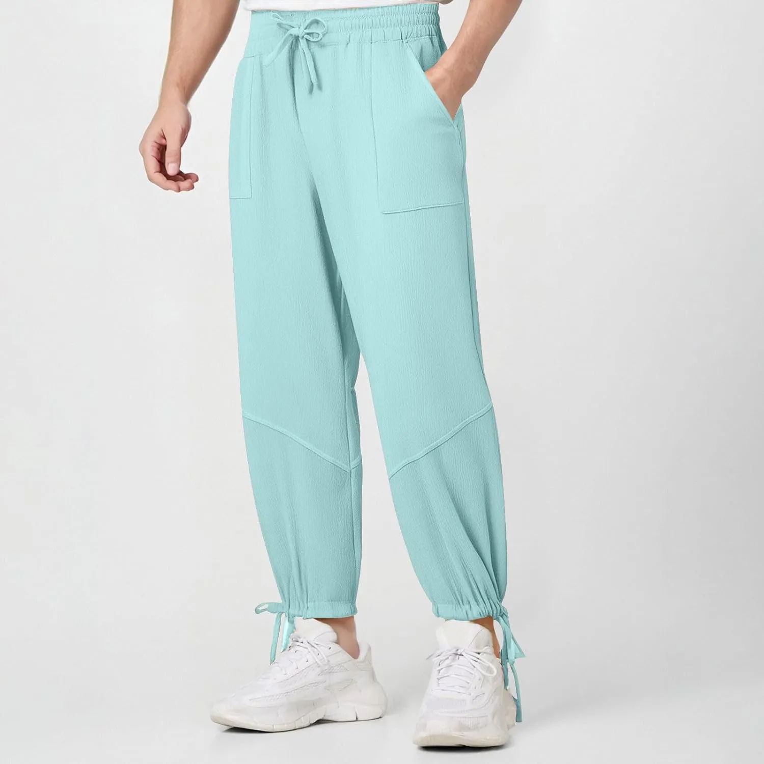 Linen Baggy Harem Pants Men Lightweight Casual Drawstring Elastic Waisted Solid Palazzo Trousers with Pockets