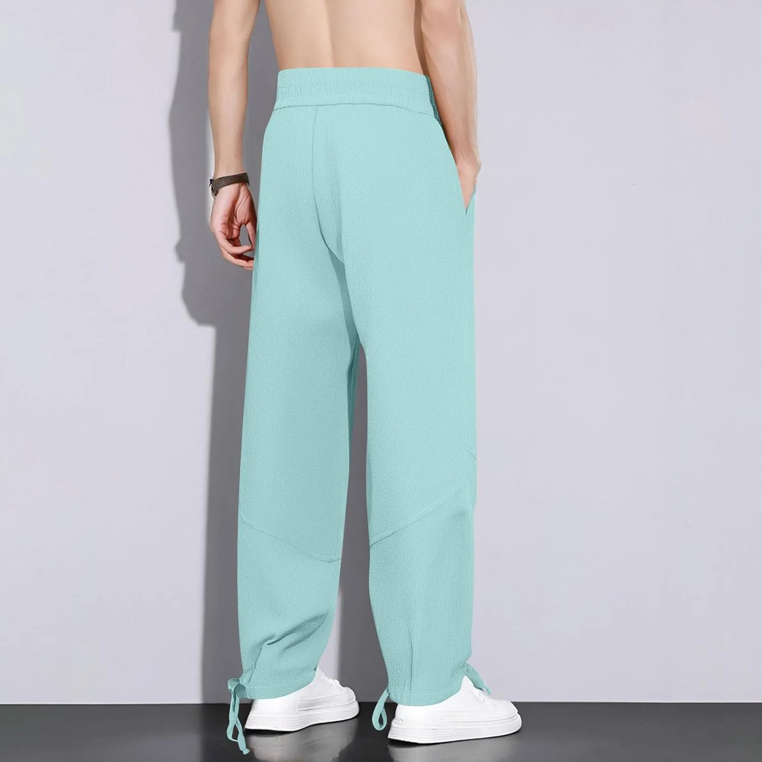 Linen Baggy Harem Pants Men Lightweight Casual Drawstring Elastic Waisted Solid Palazzo Trousers with Pockets