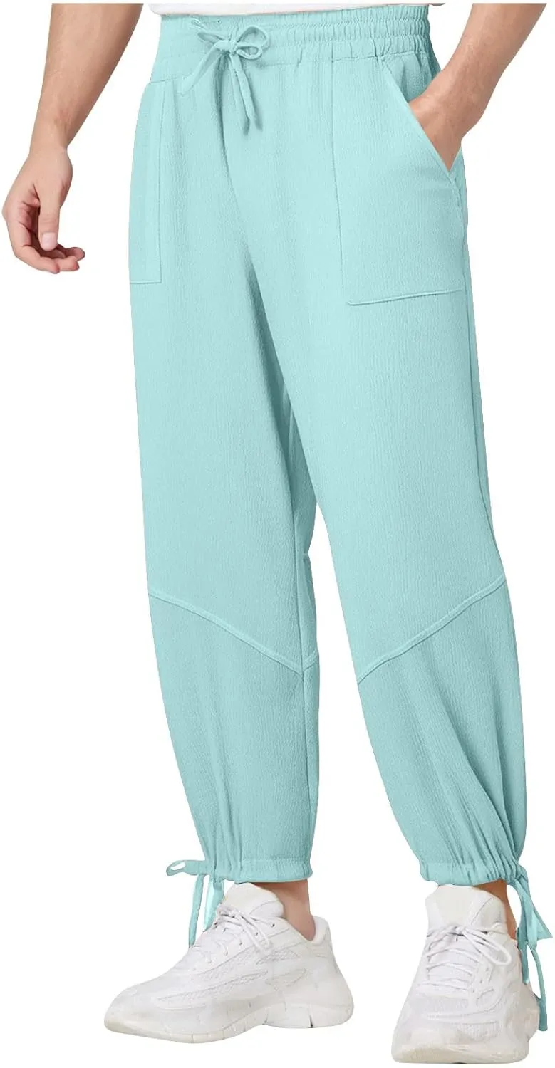 Linen Baggy Harem Pants Men Lightweight Casual Drawstring Elastic Waisted Solid Palazzo Trousers with Pockets