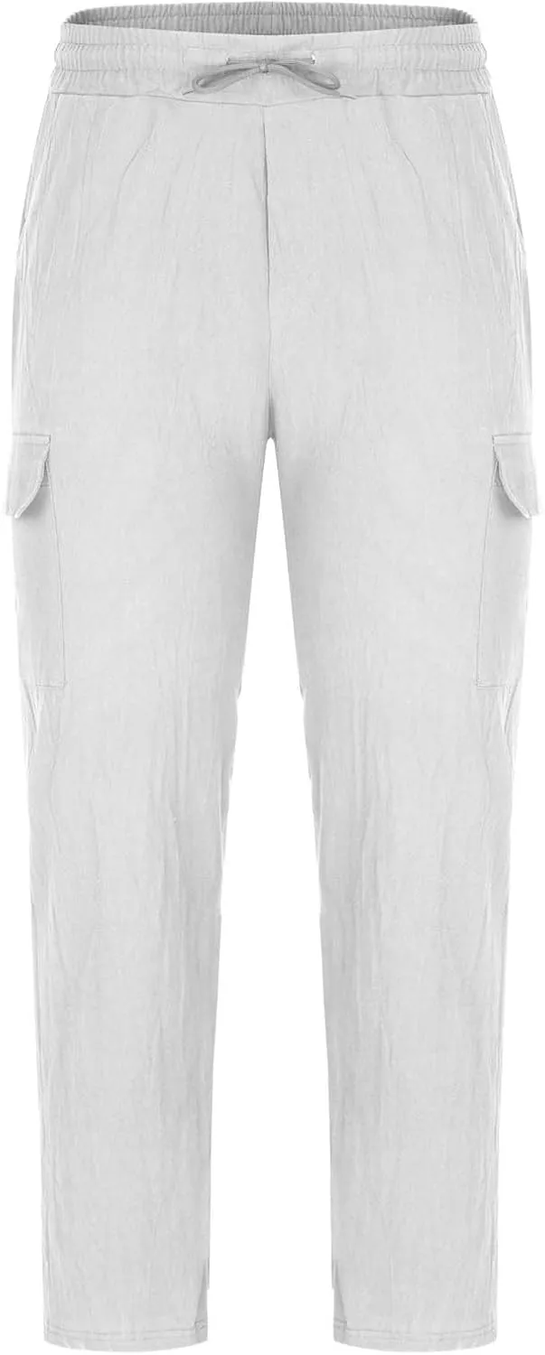 Linen Cargo Pants Men Baggy Lightweight Casual Summer Beach Yoga Pants Multi Pockets Tactical Trousers Hiking Jogger