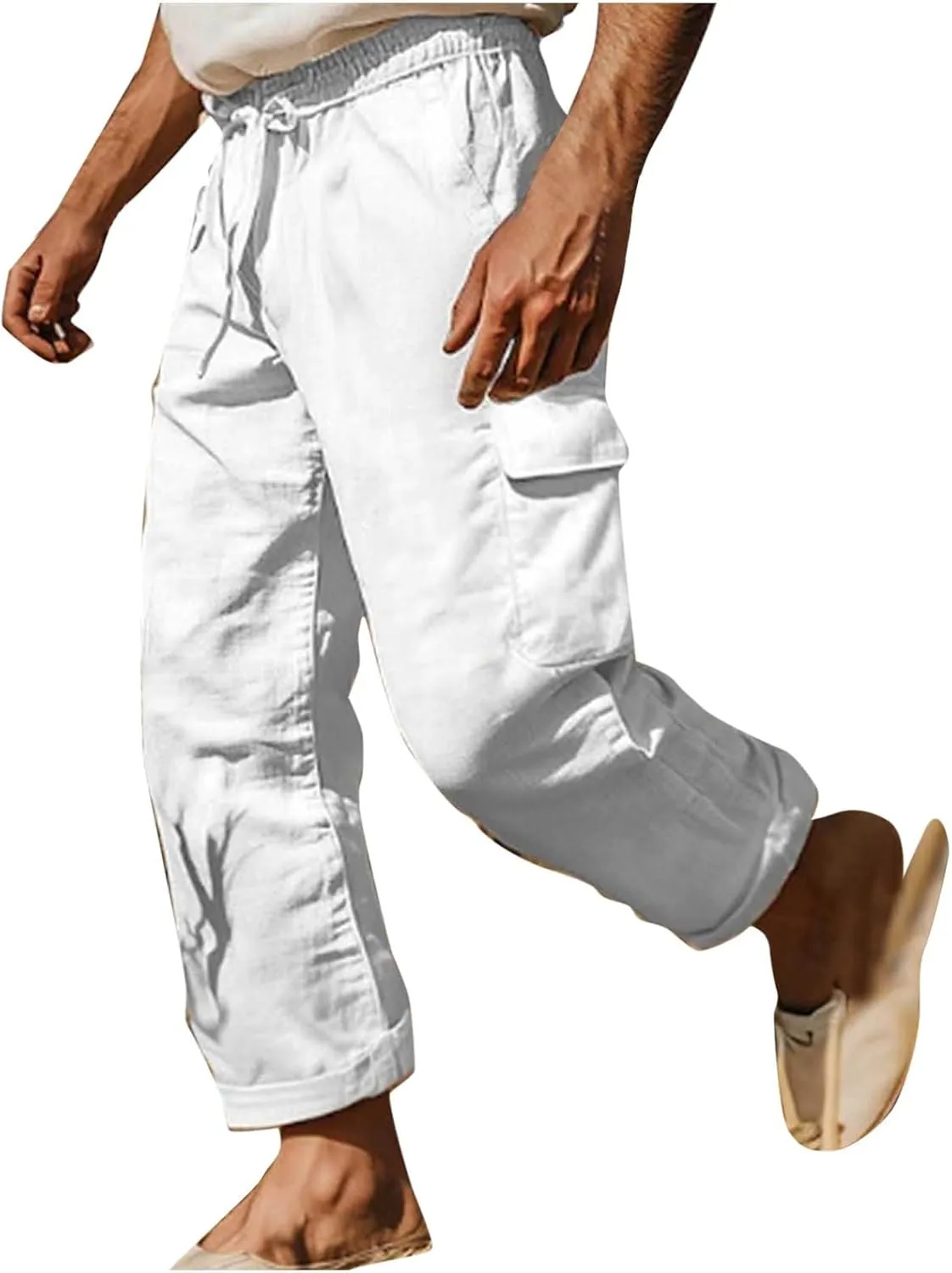 Linen Cargo Pants Men Baggy Lightweight Casual Summer Beach Yoga Pants Multi Pockets Tactical Trousers Hiking Jogger