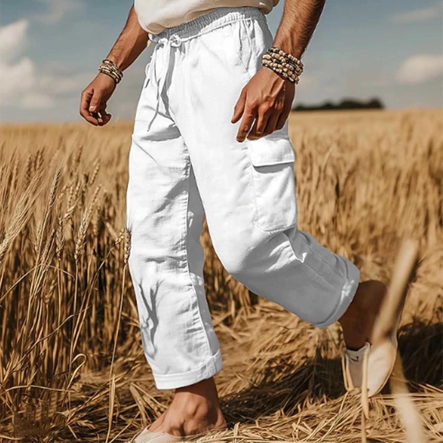 Linen Cargo Pants Men Baggy Lightweight Casual Summer Beach Yoga Pants Multi Pockets Tactical Trousers Hiking Jogger