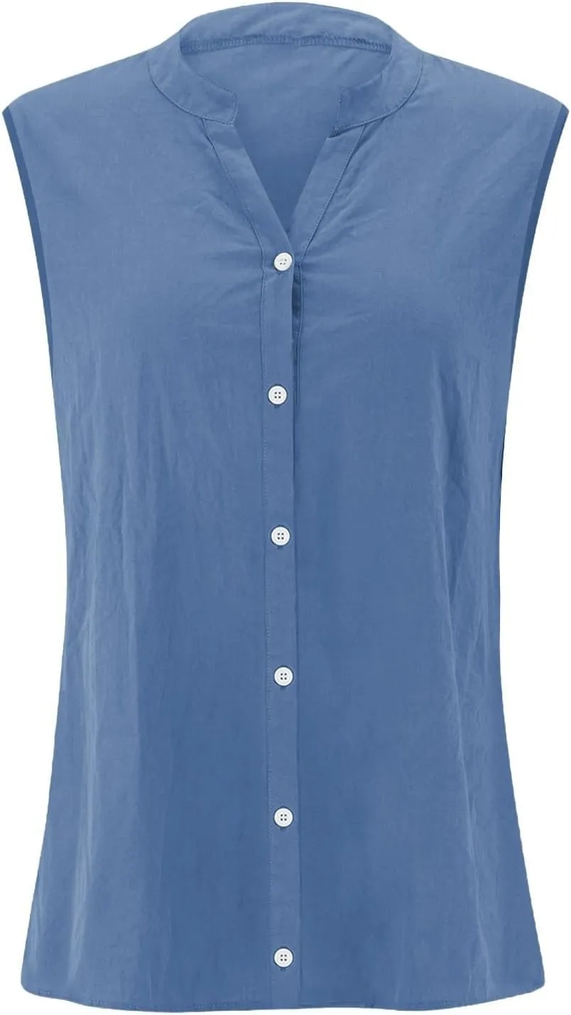 Linen Tank Top Women Trendy Button Down V Neck Side Split Summer Camisole Loose Casual 2025 Sleeveless Solid Outfits