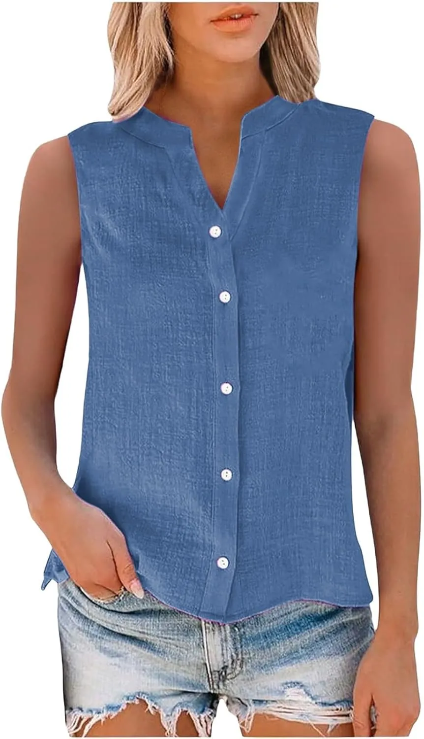 Linen Tank Top Women Trendy Button Down V Neck Side Split Summer Camisole Loose Casual 2025 Sleeveless Solid Outfits