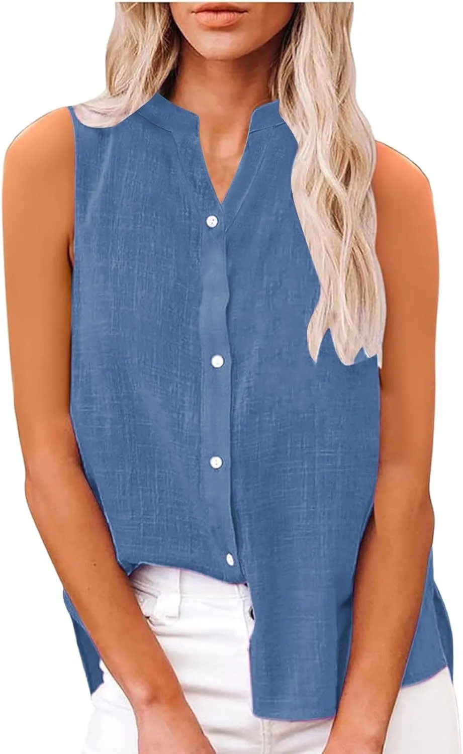 Linen Tank Top Women Trendy Button Down V Neck Side Split Summer Camisole Loose Casual 2025 Sleeveless Solid Outfits
