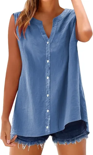Linen Tank Top Women Trendy Button Down V Neck Side Split Summer Camisole Loose Casual 2025 Sleeveless Solid Outfits