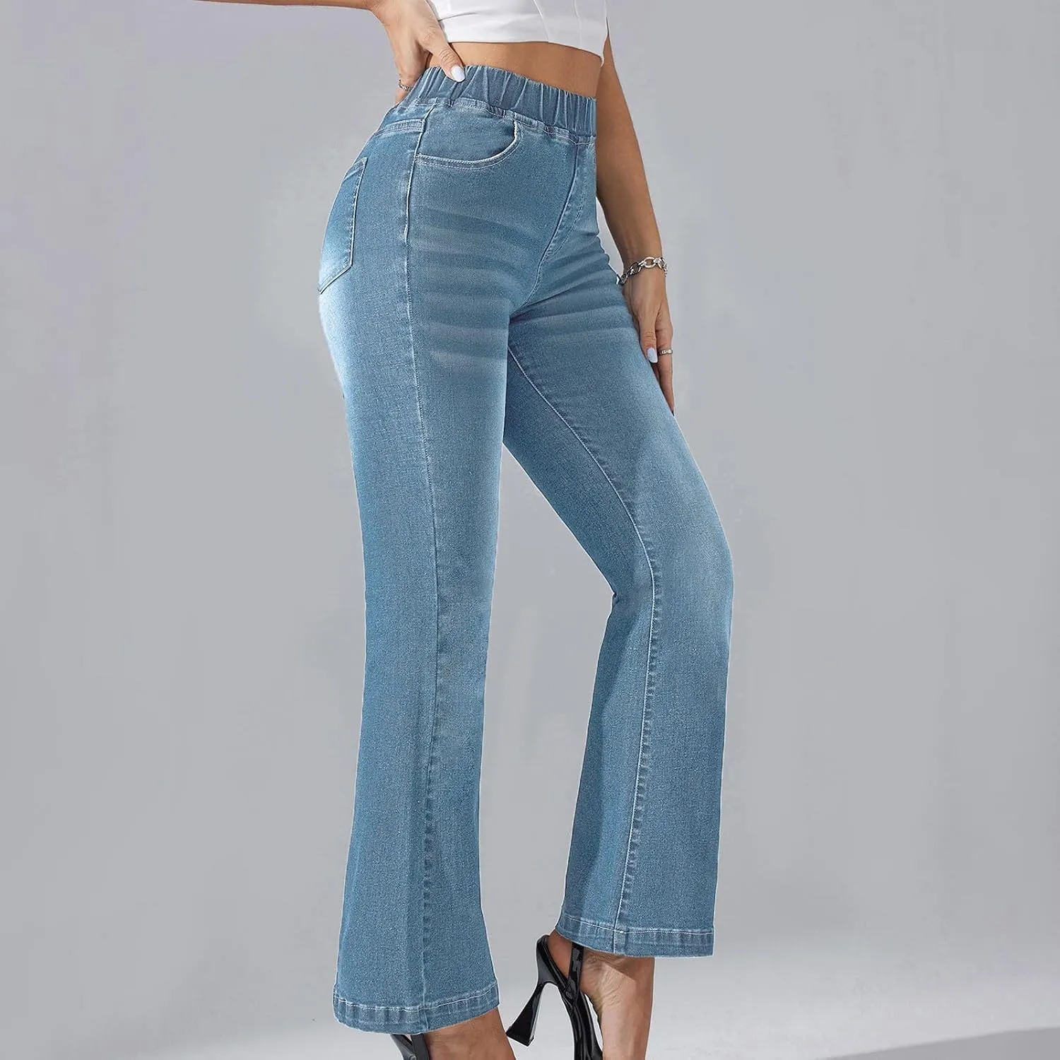Lmdudan Flare Jeans for Women Trendy Denim Pants Stretchy High Waisted Bell Bottom Skinny Boot Cut Jeans Legging with Pocket